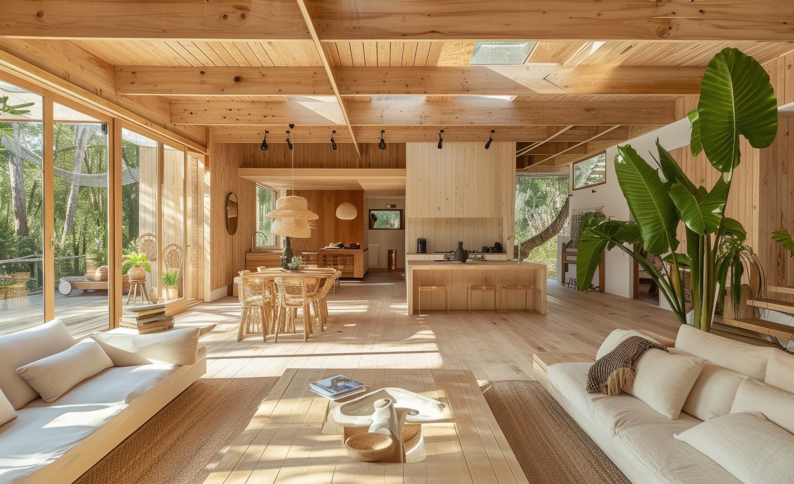 Open-plan wood-panelled interior with kitchen, dining and living areas under skylights