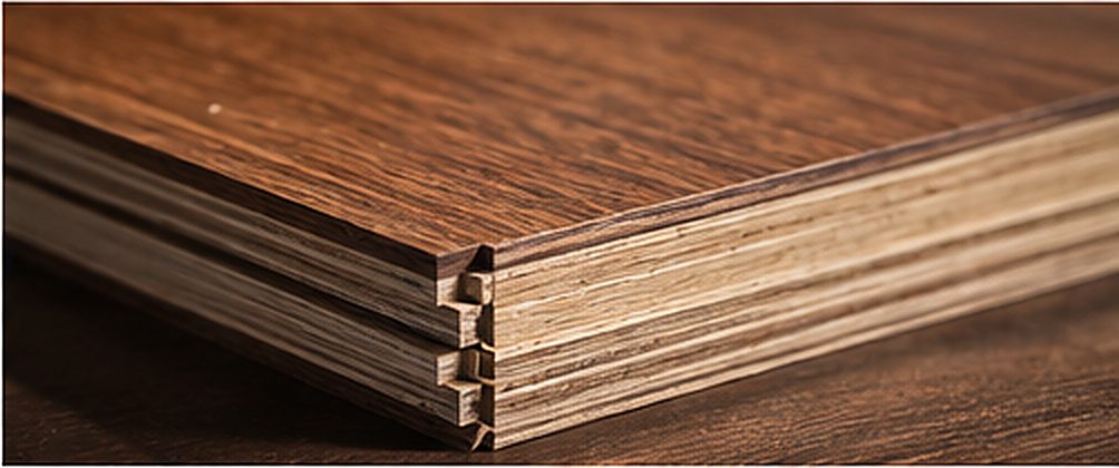 Edge detail of a veneered panel showing core construction and joinery