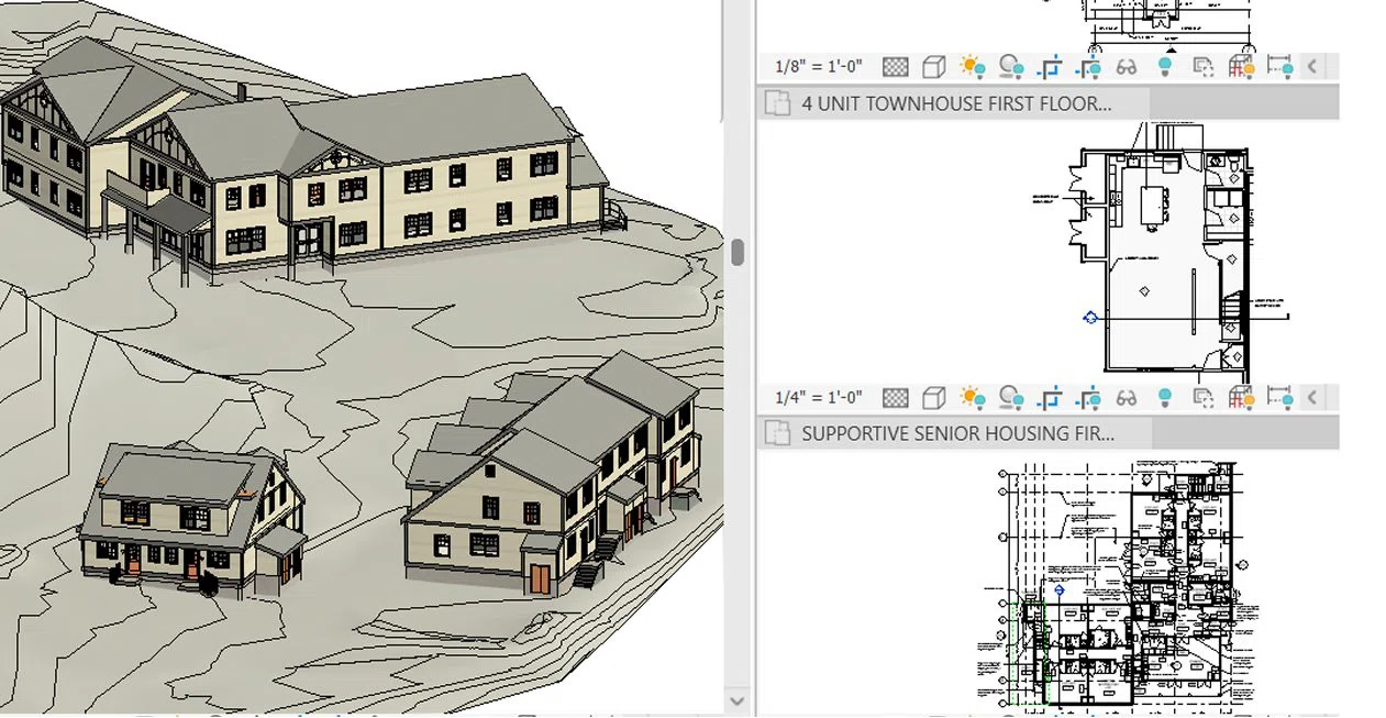 Revit BIM model views of townhouse and senior housing developments showcasing coordinated building systems, floor plans, and design documentation