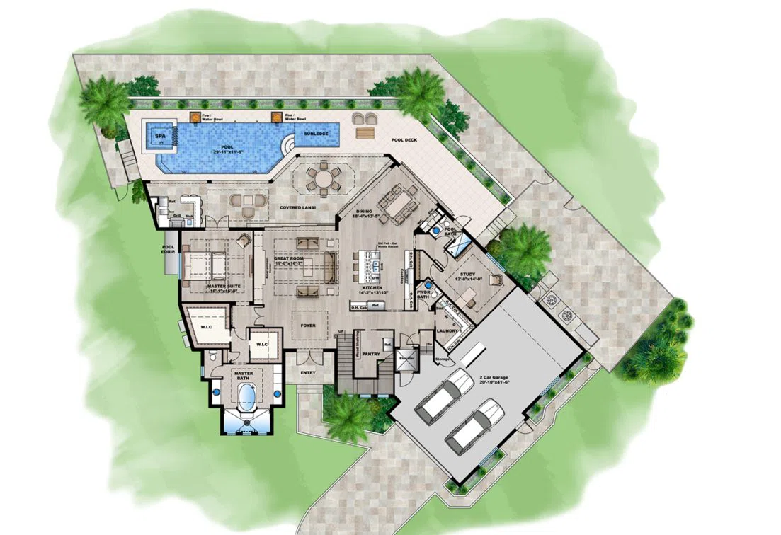 Architectural CAD floor plan drawing for a single-family residence featuring color-coded layouts, room dimensions, and design presentation details