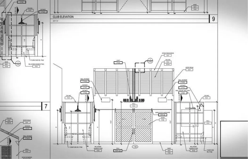 Detailed millwork shop drawing for a hospitality club interior showing custom cabinetry elevations, dimensions, and fabrication specifications