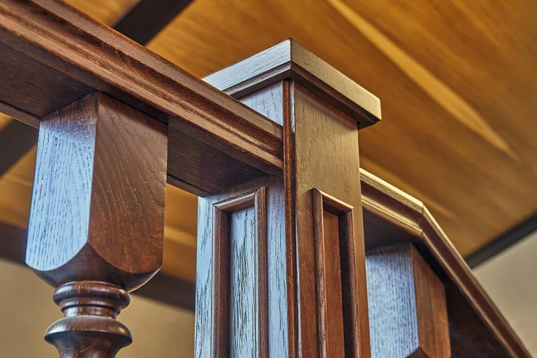 Residential millwork drawing showcasing finished oak post and beam joinery with detailed woodworking connections and fabrication details