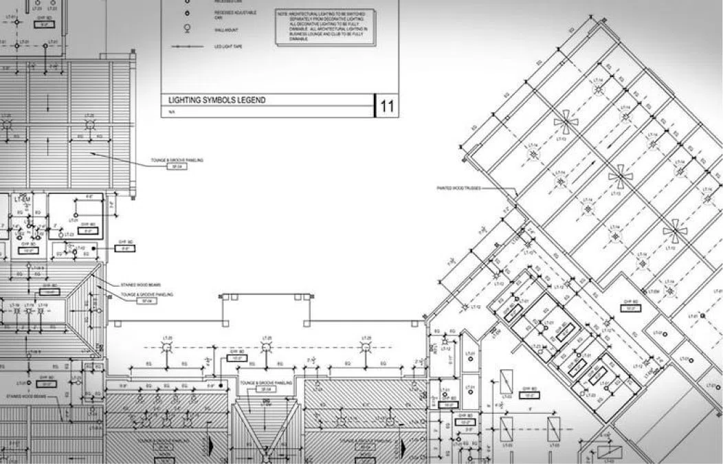 Millwork drafting and reflected ceiling plan for a hospitality lounge and club featuring lighting layouts, ceiling details, and custom architectural elements