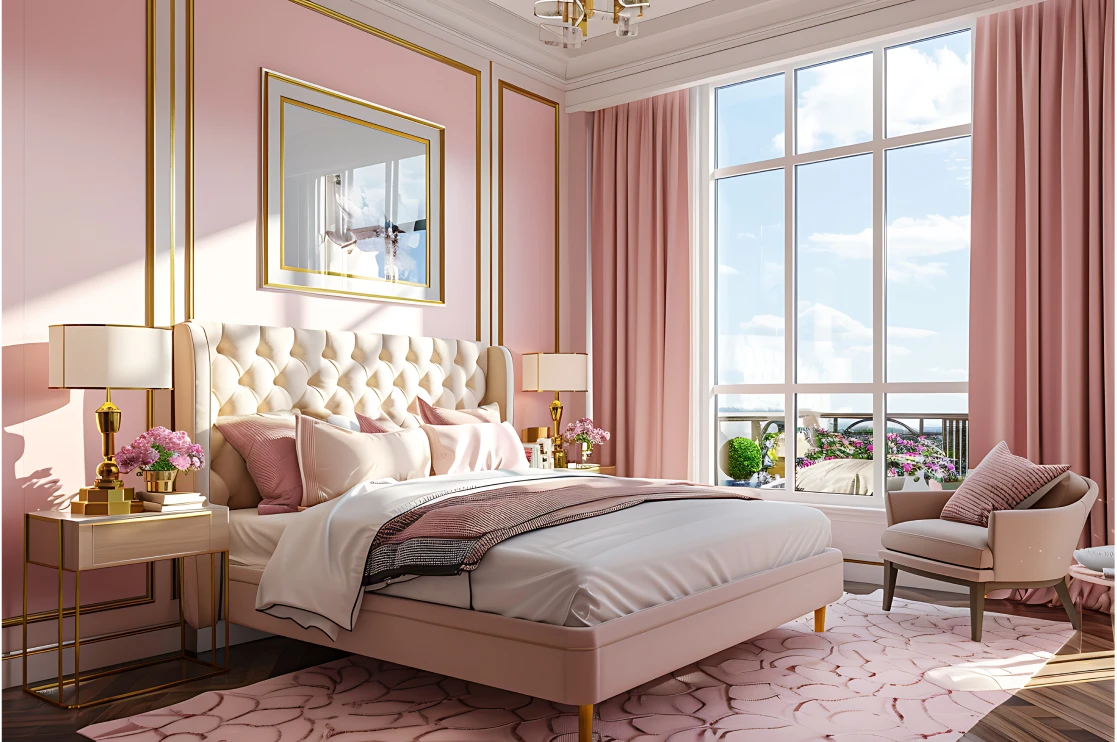 Hotel room interiors design in Pink and Pearch