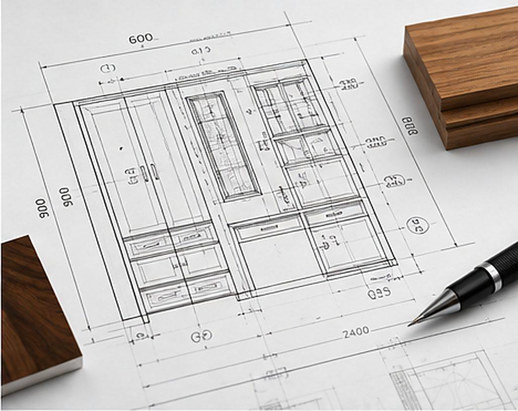 Cabinet elevation drawing on a desk beside timber samples