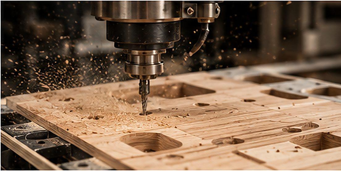 CNC router cutting pockets into a timber panel on a machining centre