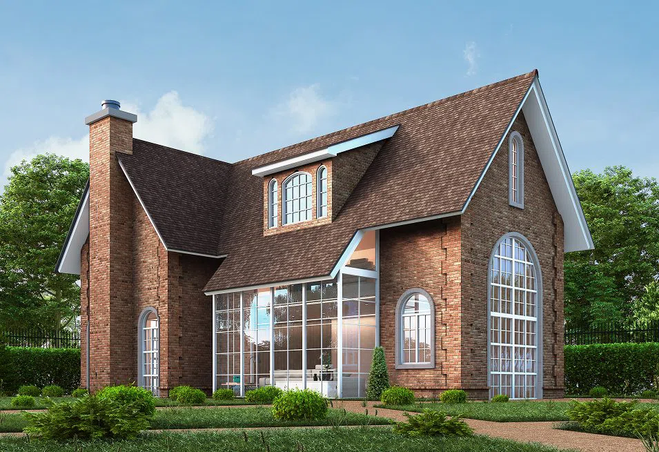 3D architectural rendering of a heritage-style brick cottage featuring arched windows, traditional detailing, and landscaped surroundings