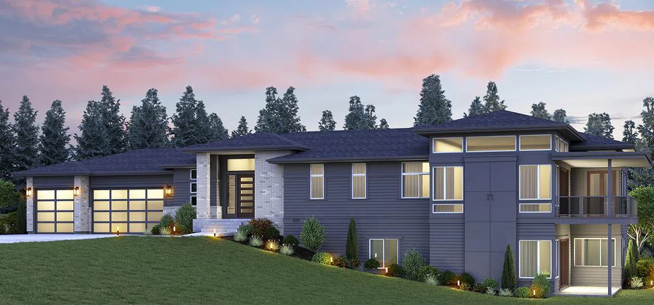 Photorealistic 3D rendering of a contemporary hillside residence at dusk with illuminated interiors