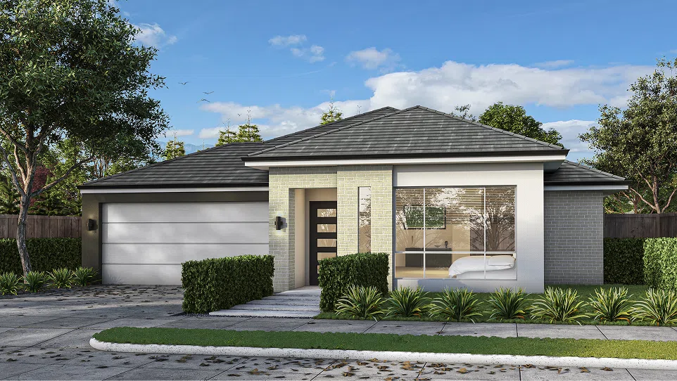 Photorealistic 3D rendering of a modern single-family home exterior during daytime