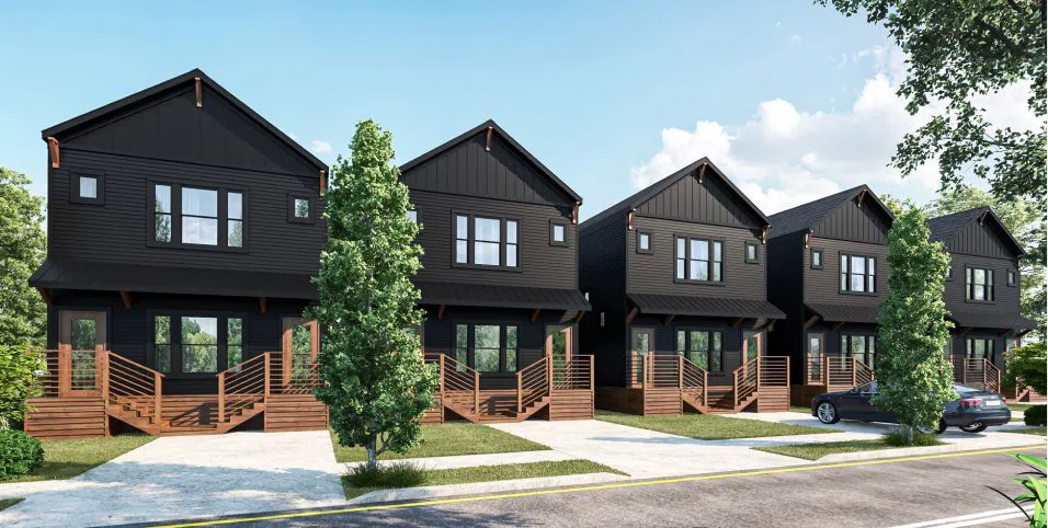 3D rendering of a five-unit townhouse development showcasing modern architecture, exterior finishes, and site layout