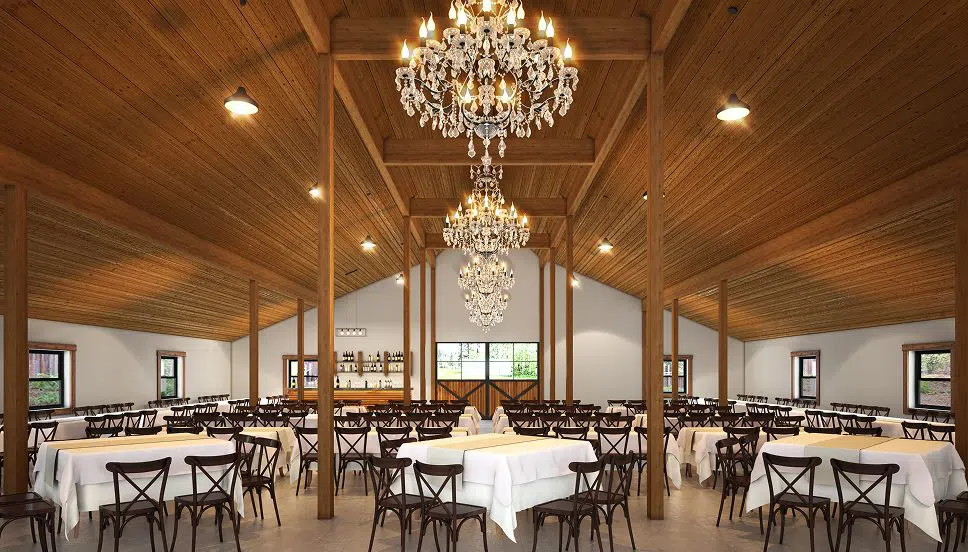 Photorealistic 3D rendering of a hospitality banquet hall with grand chandeliers, elegant seating arrangements, and upscale interiors