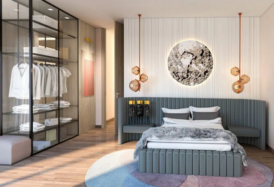 3D interior rendering of a residential owner's suite featuring pendant lighting, elegant furnishings, and contemporary décor