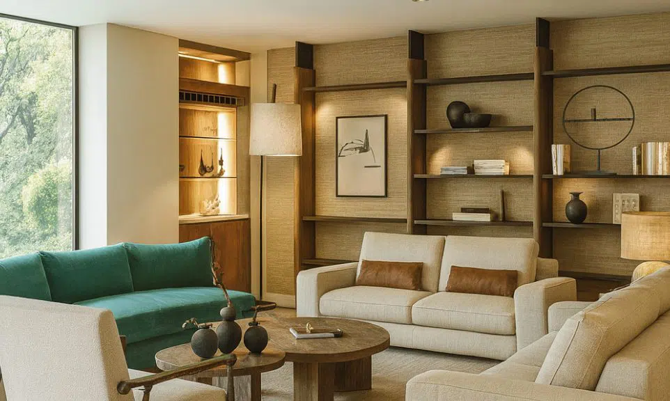 3D rendering of a family living room with warm staging, comfortable furnishings, natural lighting, and modern interior design