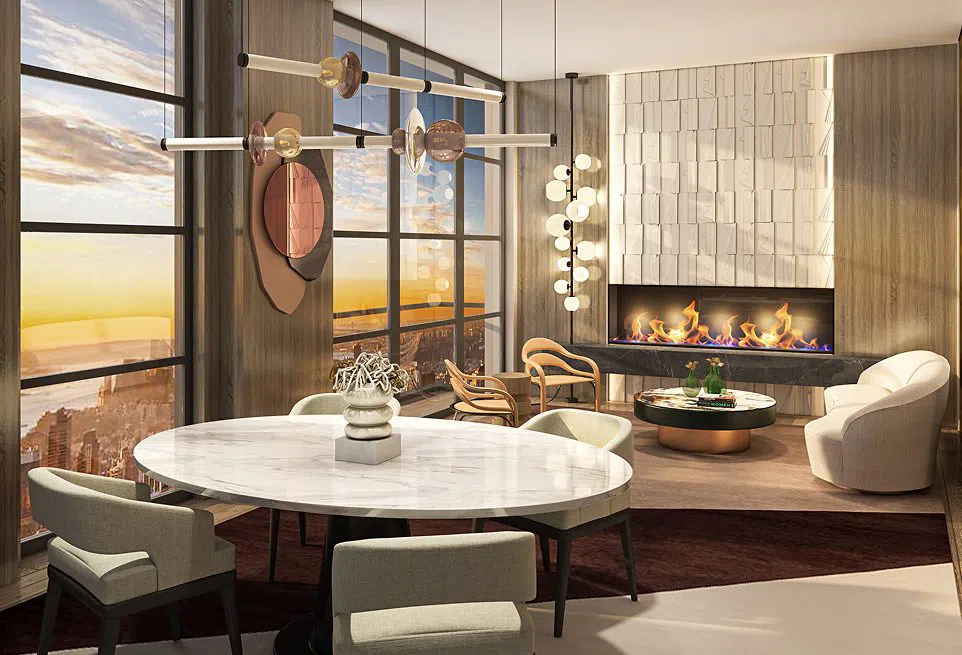 Luxury penthouse dining and lounge interior rendered in 3D with premium furnishings, ambient lighting, and modern finishes