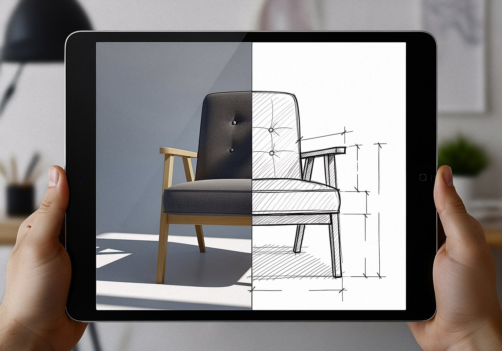 Tablet held in two hands showing a chair split between a photo render and a technical line drawing