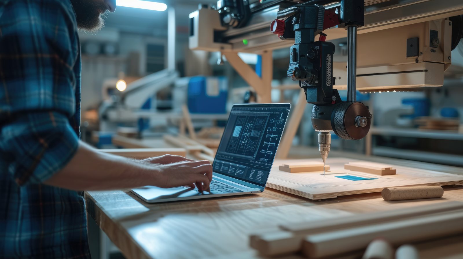Software driving a CNC router head cutting into a wood panel, laptop in the foreground