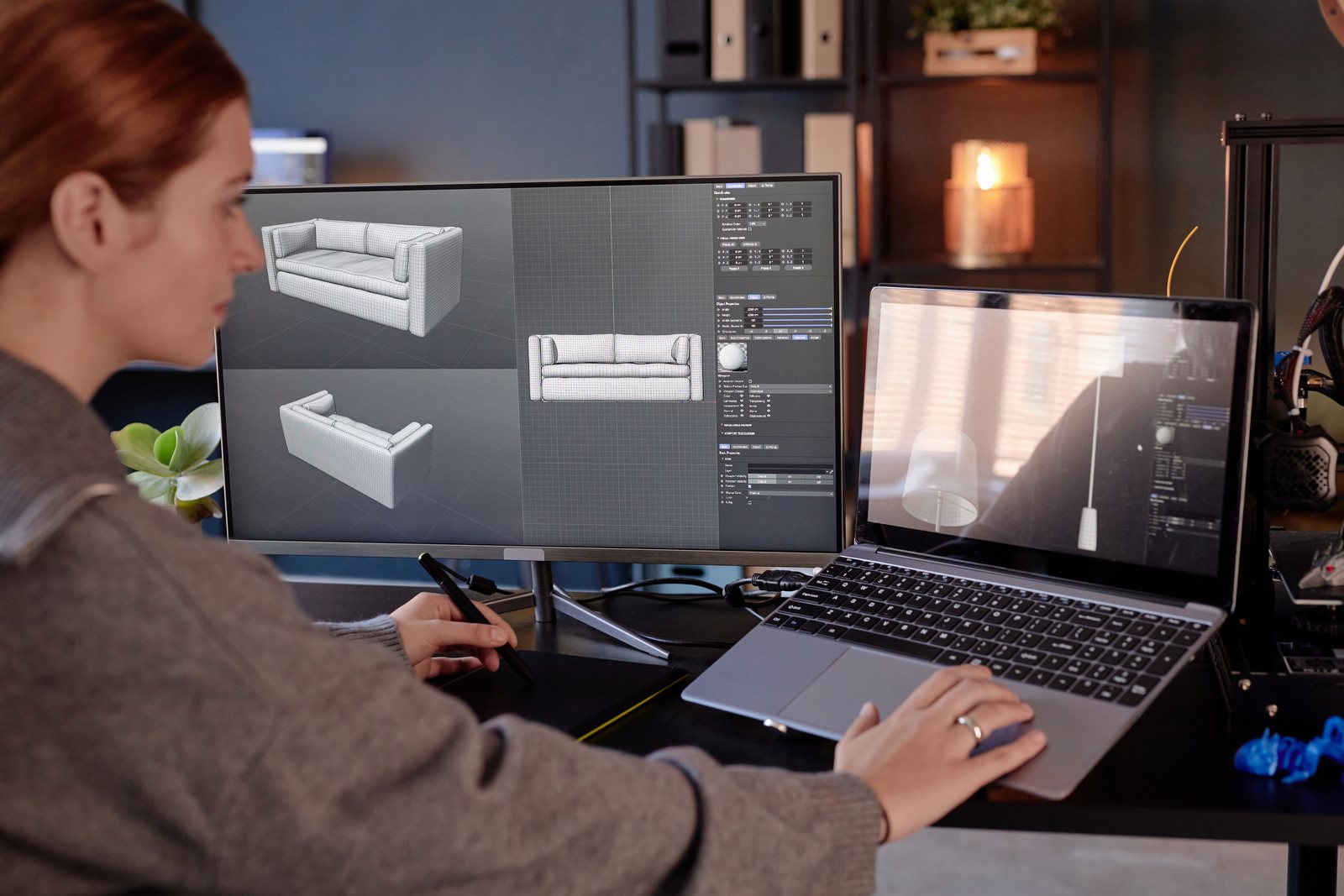Person viewing a 3D furniture model on screen beside a laptop