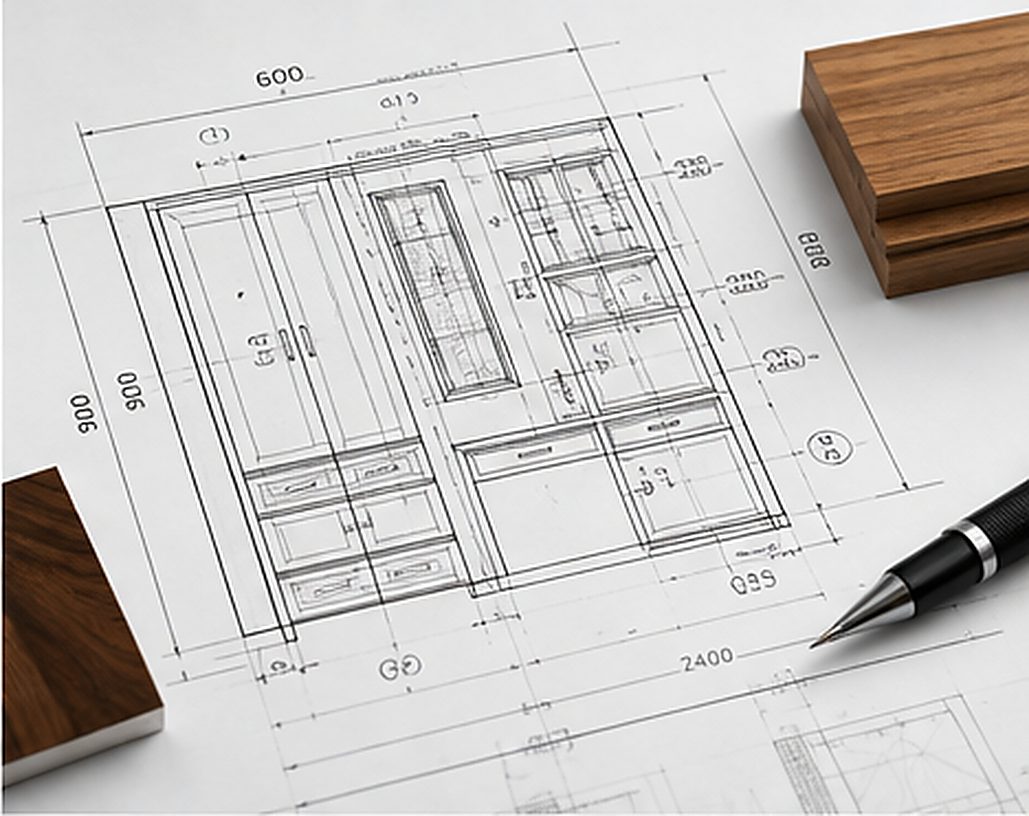 Cabinet elevation drawing on a desk beside timber samples