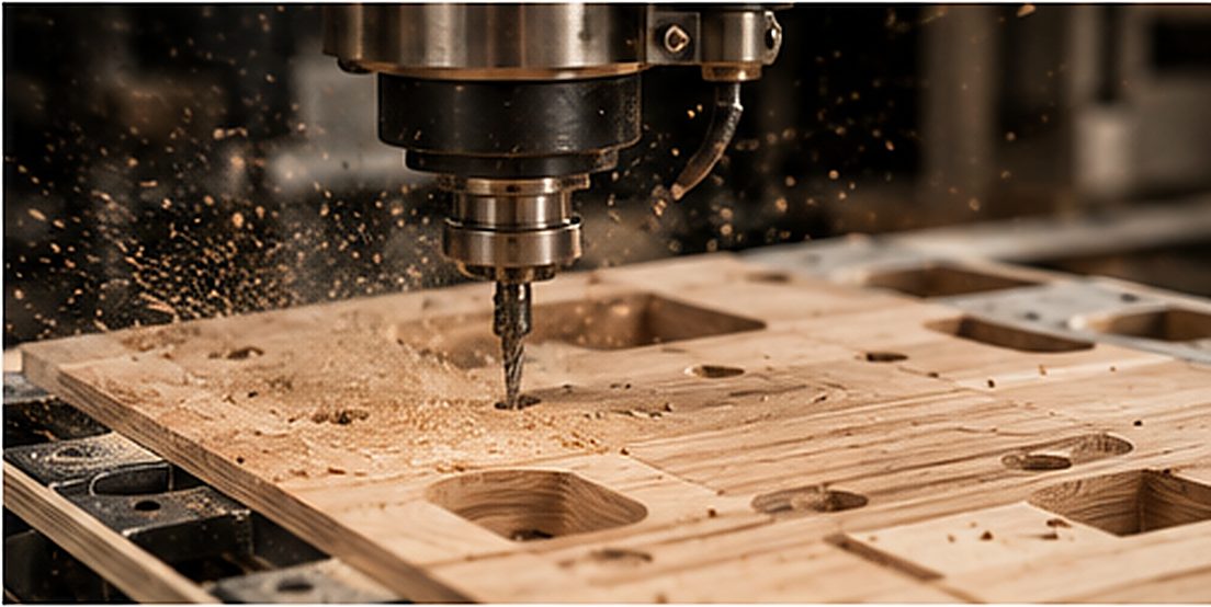 CNC router cutting pockets into a timber panel on a machining centre