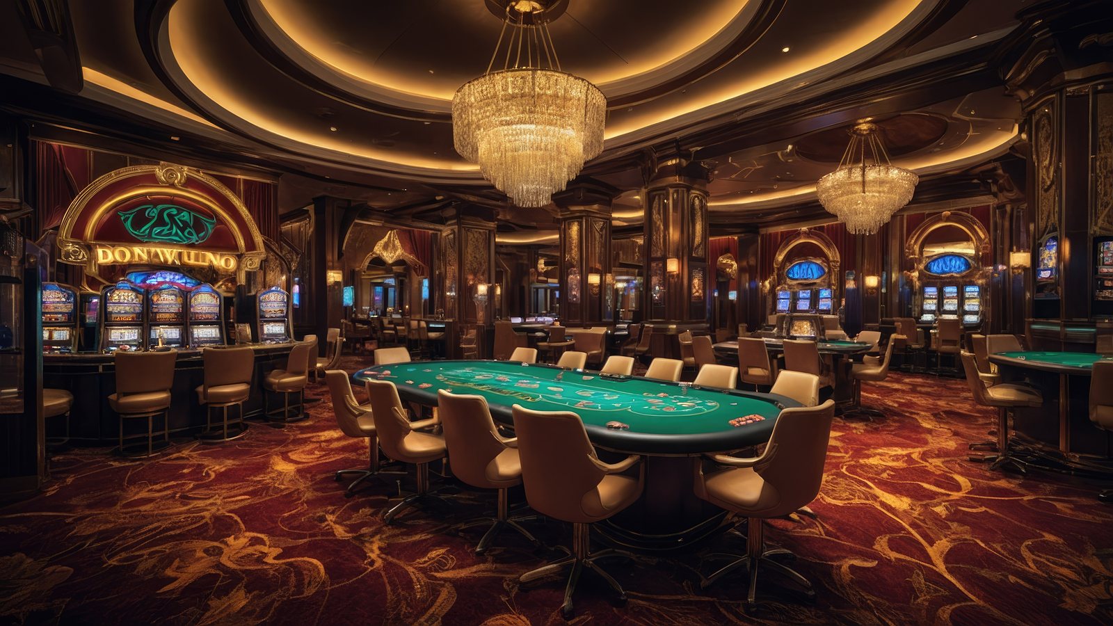 Ornate casino gaming floor with chandeliers, a card table and slot machines along the walls