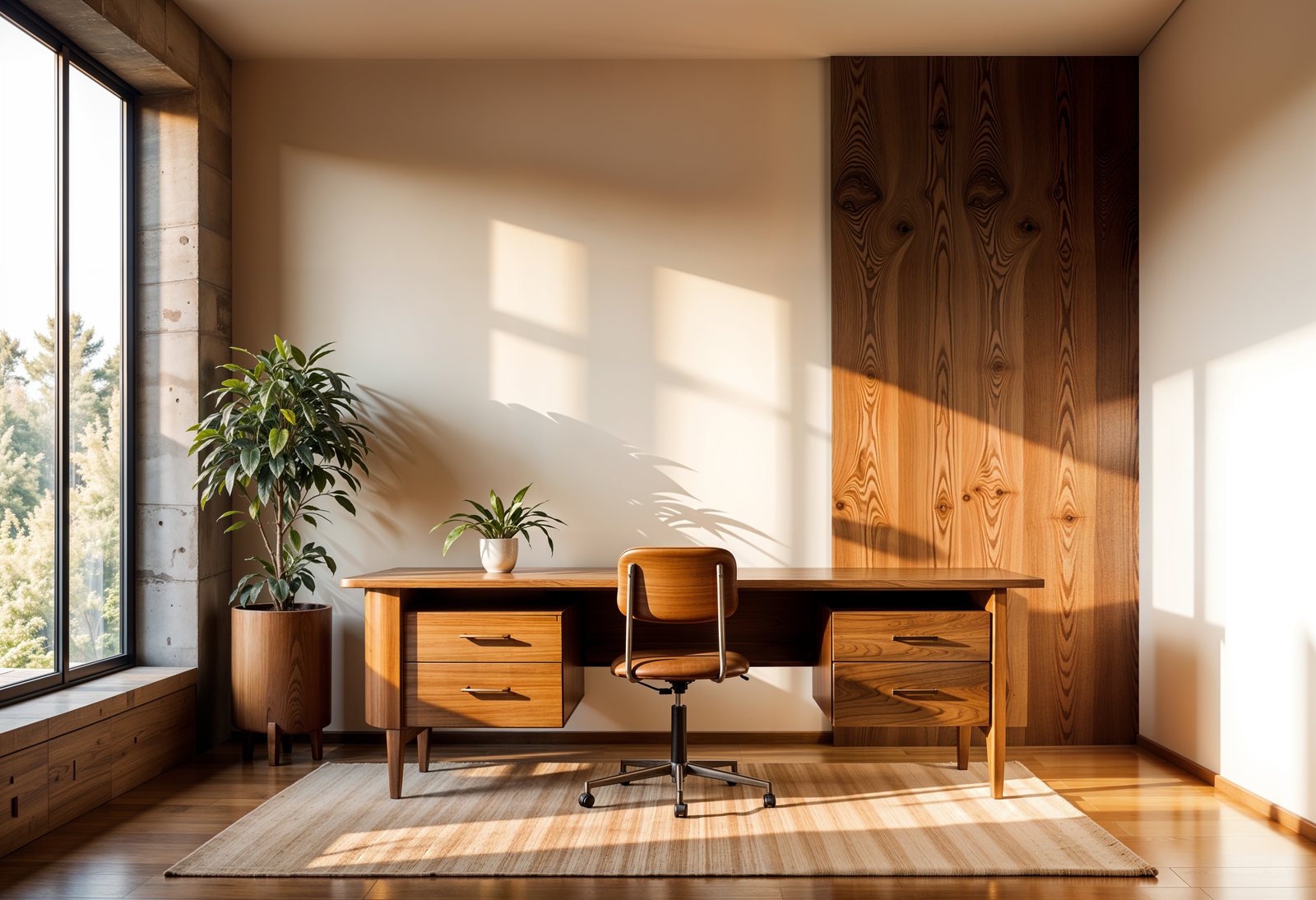 Wood-panelled room with a desk and chair