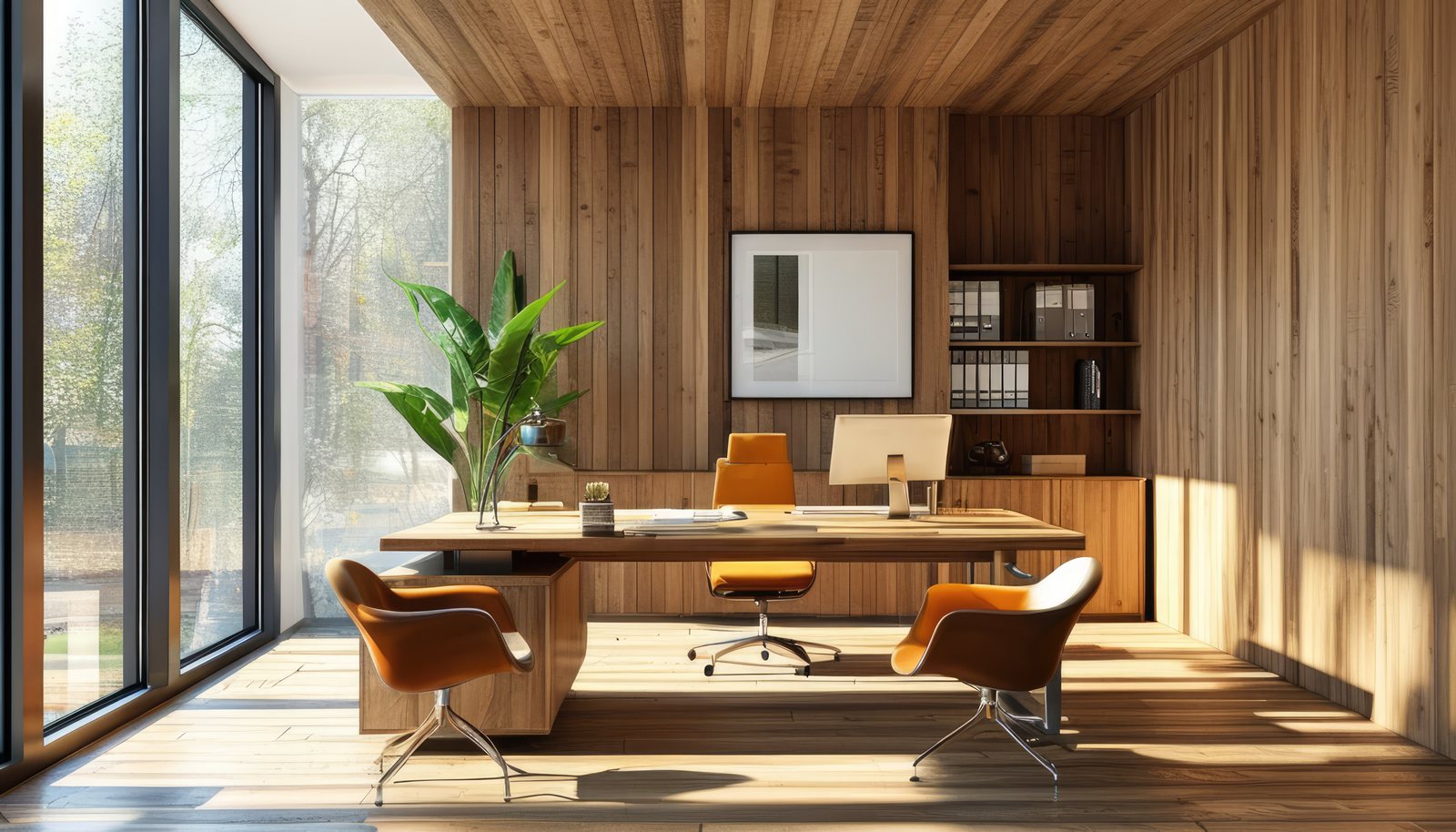 Office interior with wood-panelled walls, a desk and seating