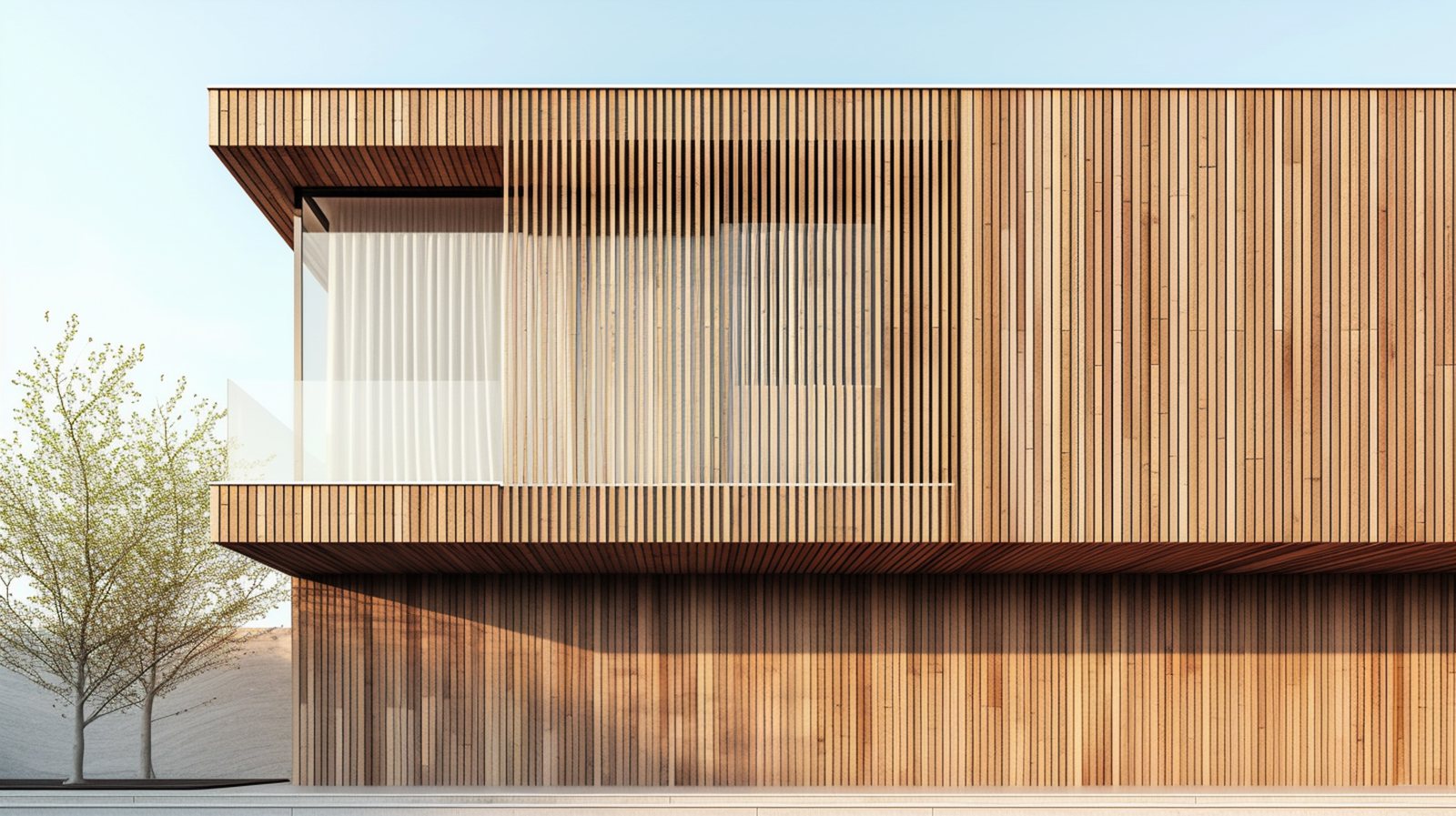 Exterior rendering of a building with vertical wood slat cladding