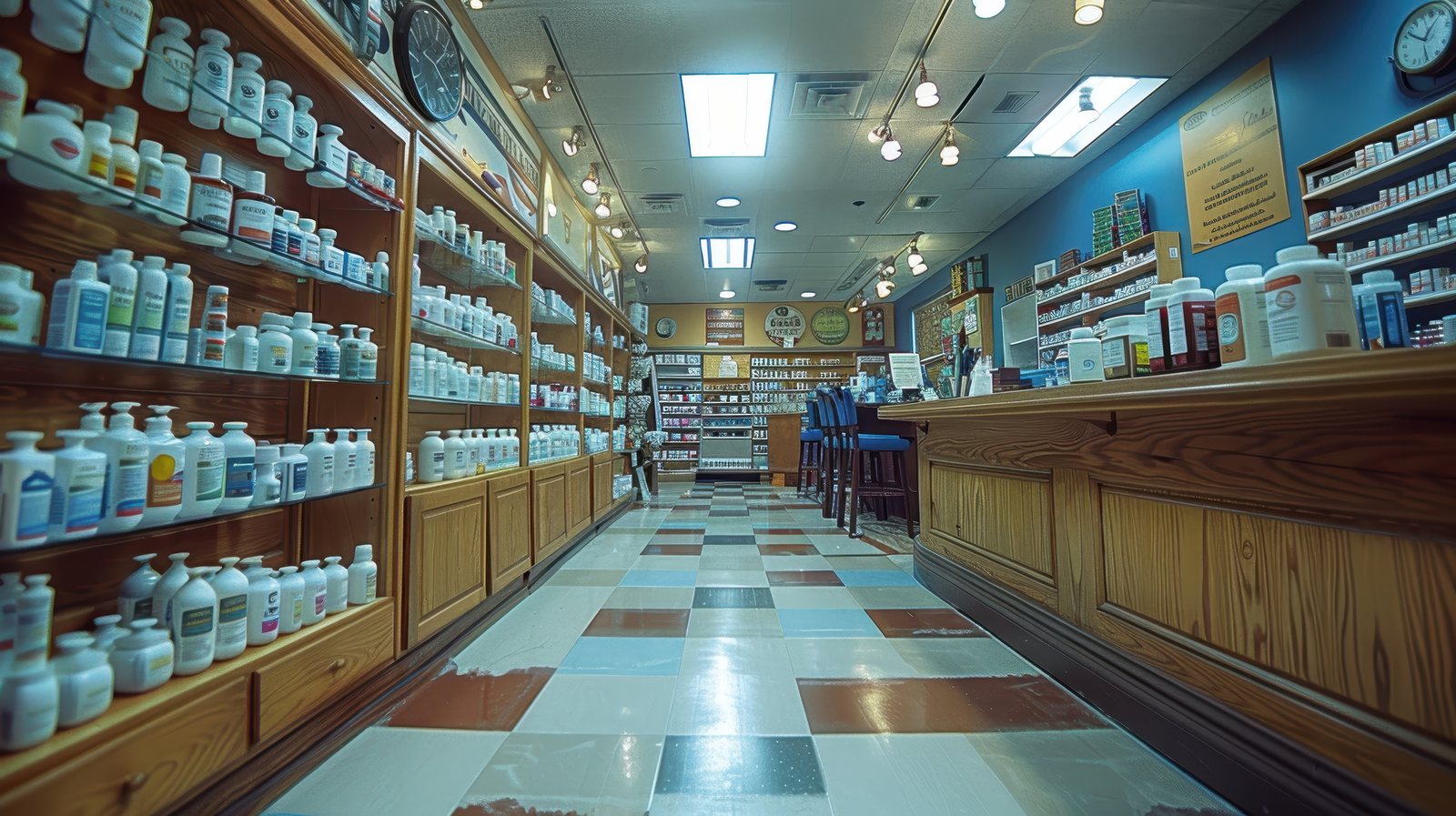 Pharmacy interior with wood-fronted shelving stocked with bottles and containers
