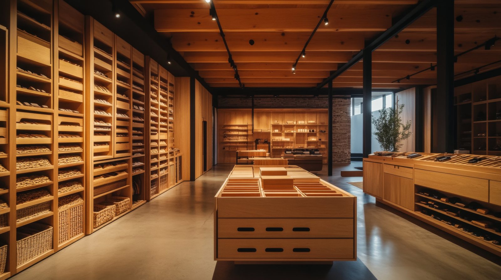 Wooden shelving units and display tables in a modern retail store interior