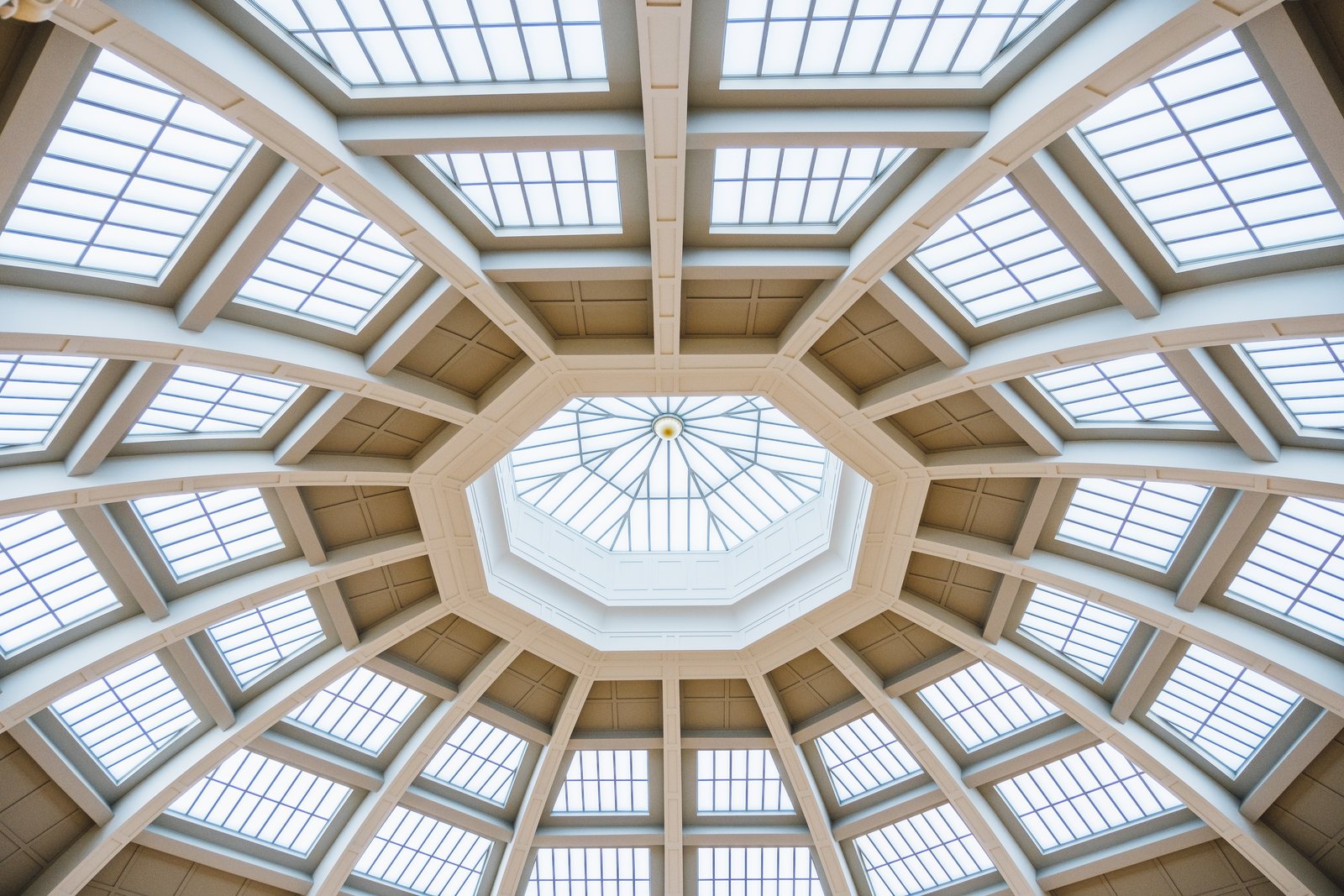 Architectural ceiling dome with a radiating beam structure