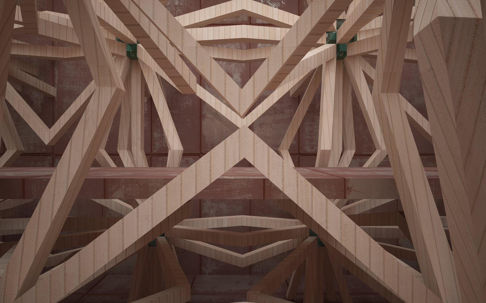 Wooden ceiling truss structure with a geometric triangular pattern