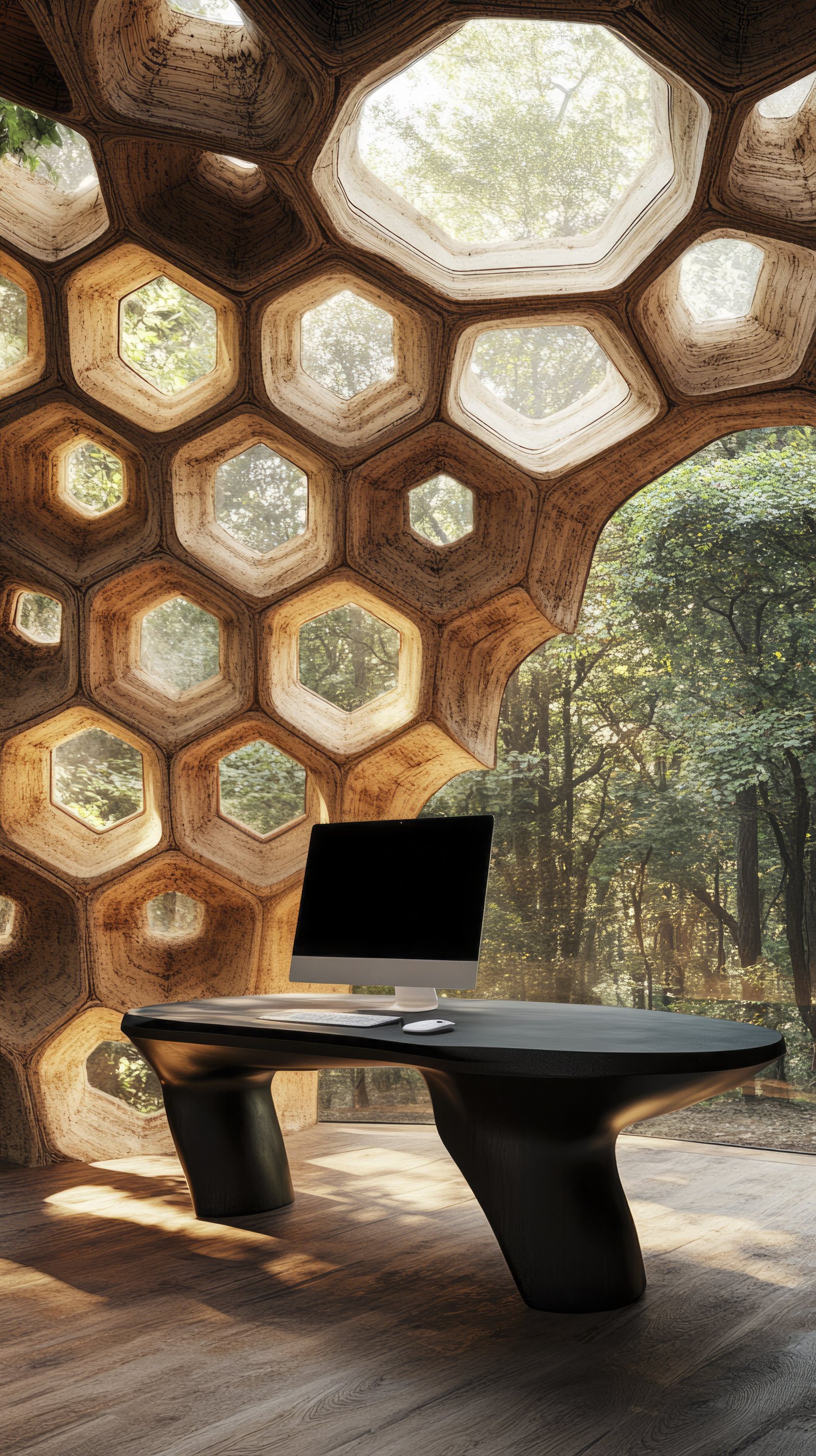 Stylised rendering of an organic honeycomb-patterned wood interior with a sculptural desk