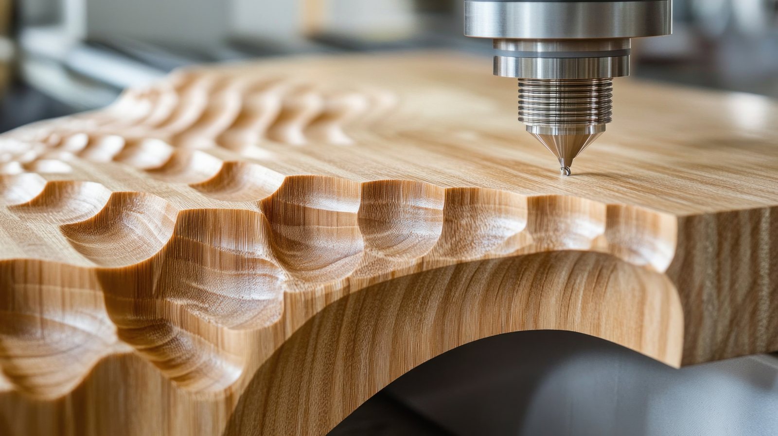 CNC bit carving a scalloped wave pattern into a wood plank