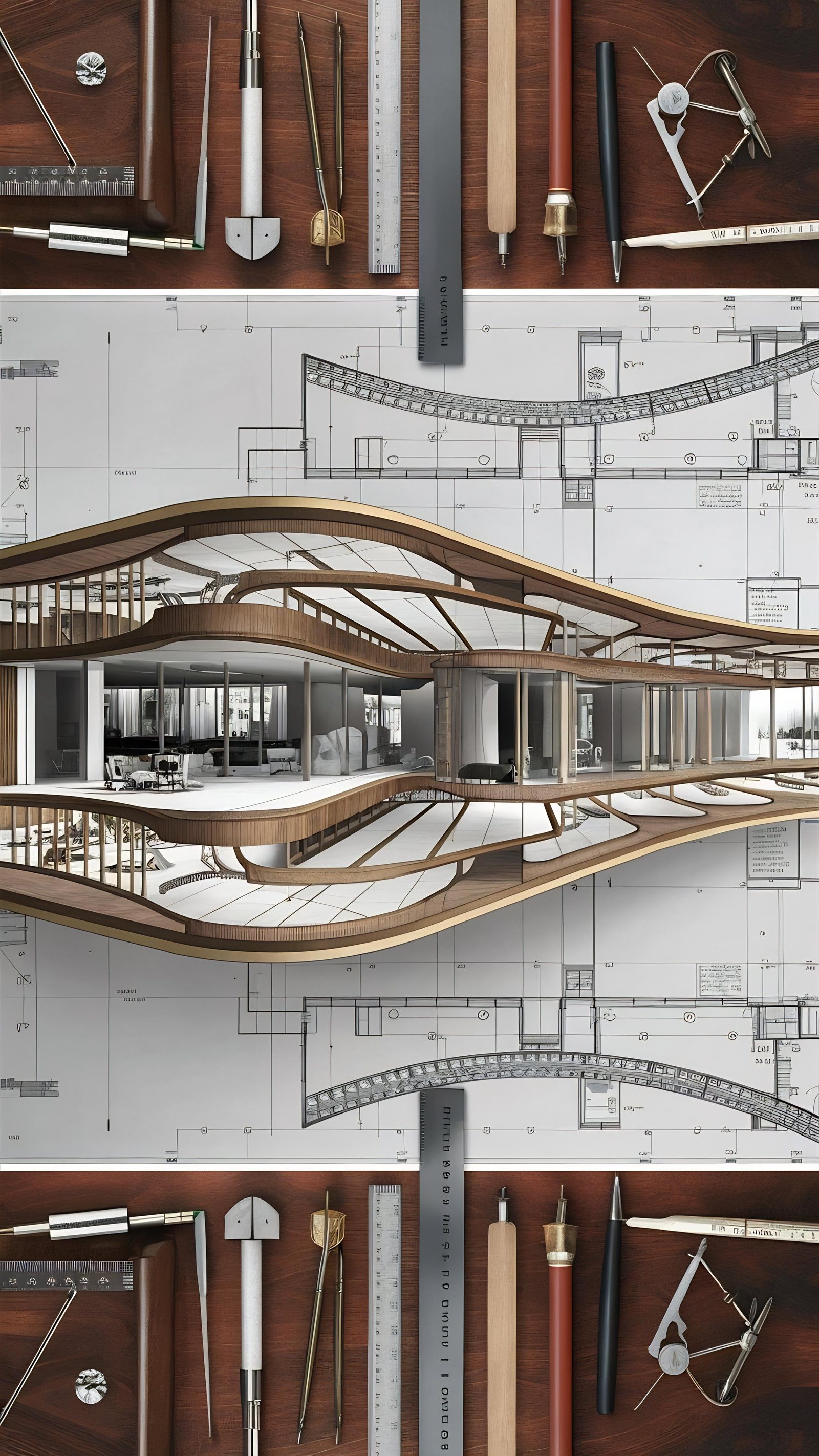 Drafting tools framing an architectural blueprint and a building cross-section render