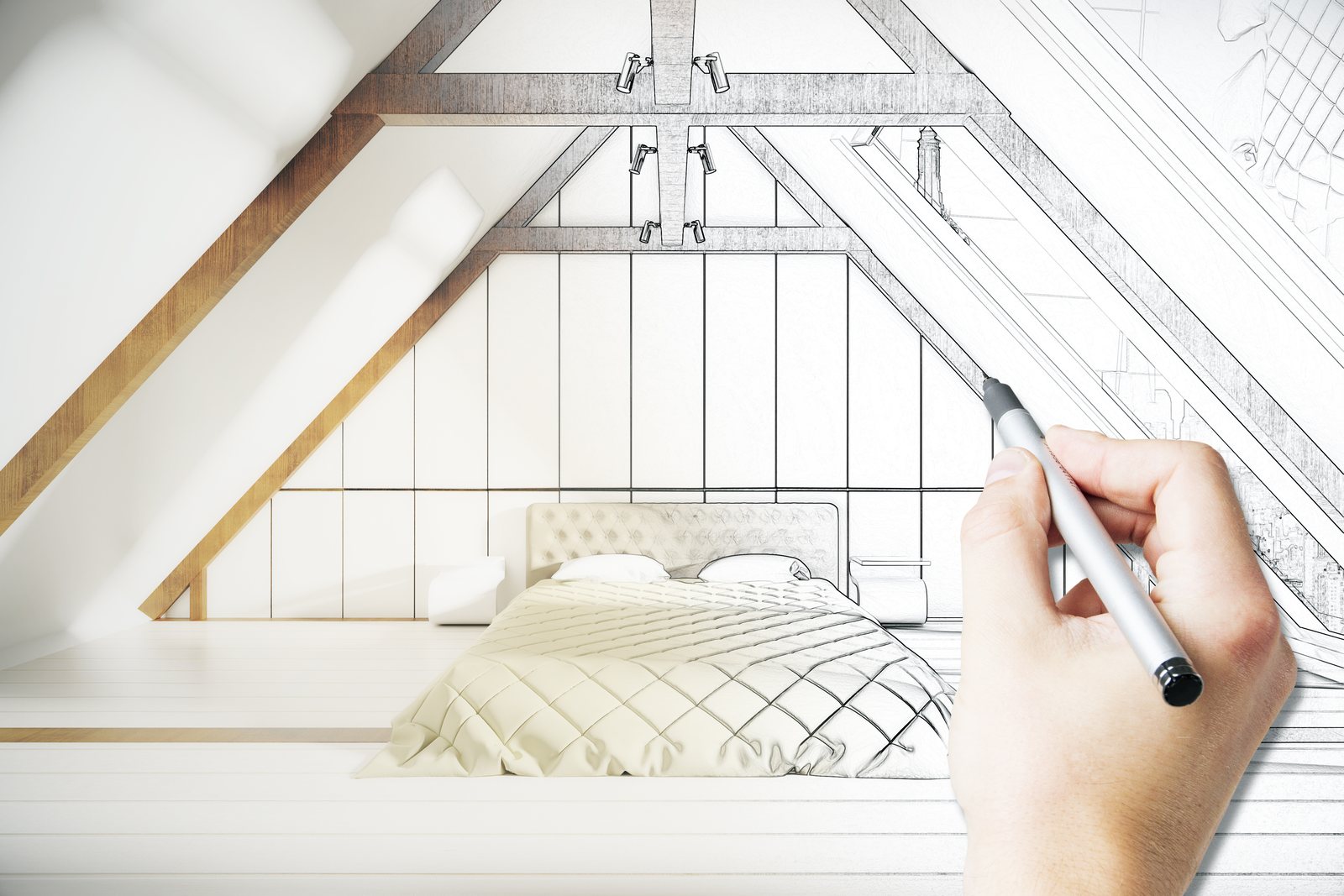Half-rendered, half-sketched view of a loft bedroom under sloped roof beams, a hand drawing the transition