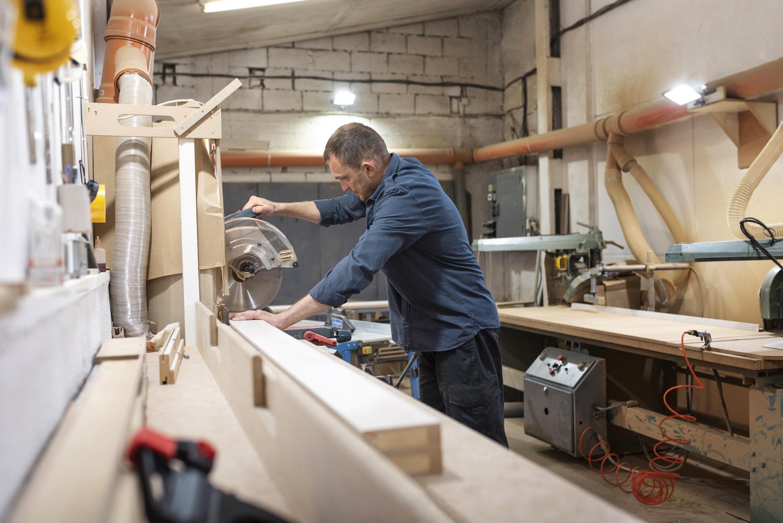 Worker guiding a long board through a table saw in a wood workshop