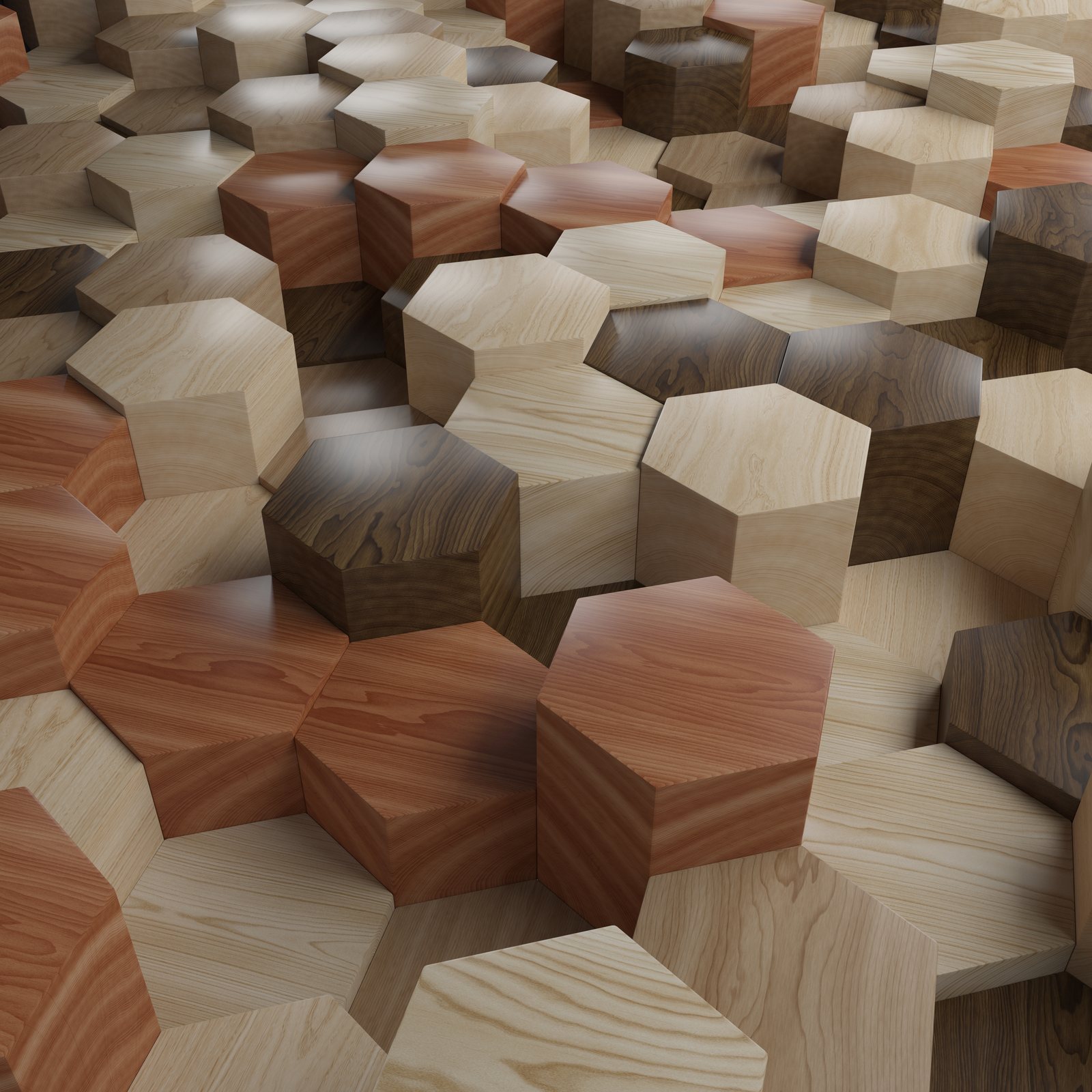Tessellated hexagonal blocks in light, mid and dark wood tones fitted edge to edge