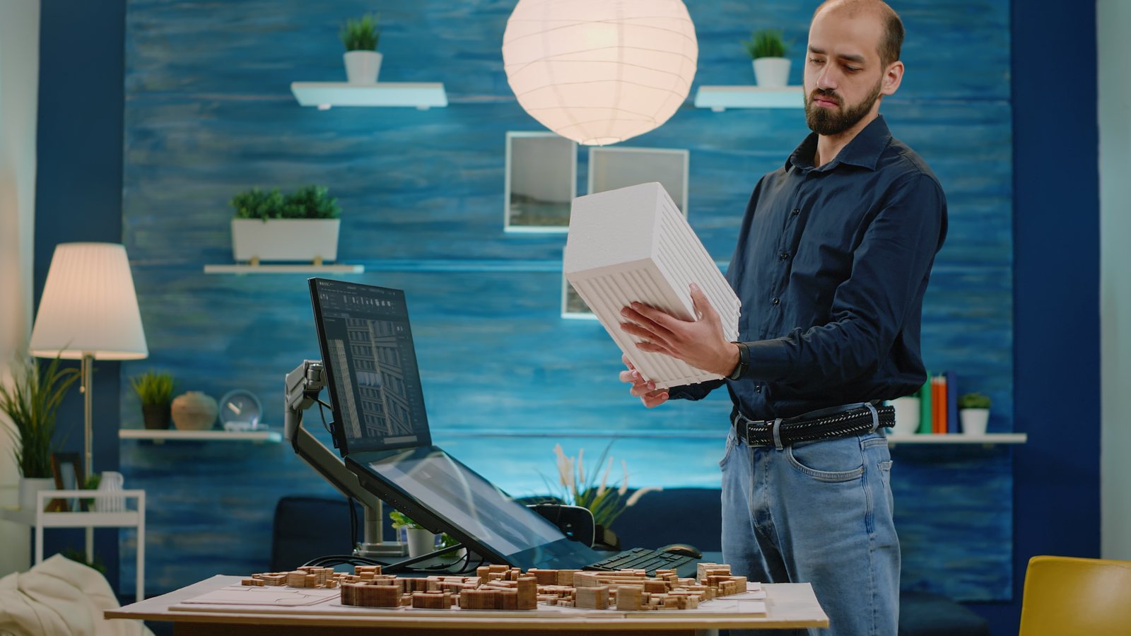 Person holding a white architectural massing block beside a desk with a city model and monitor