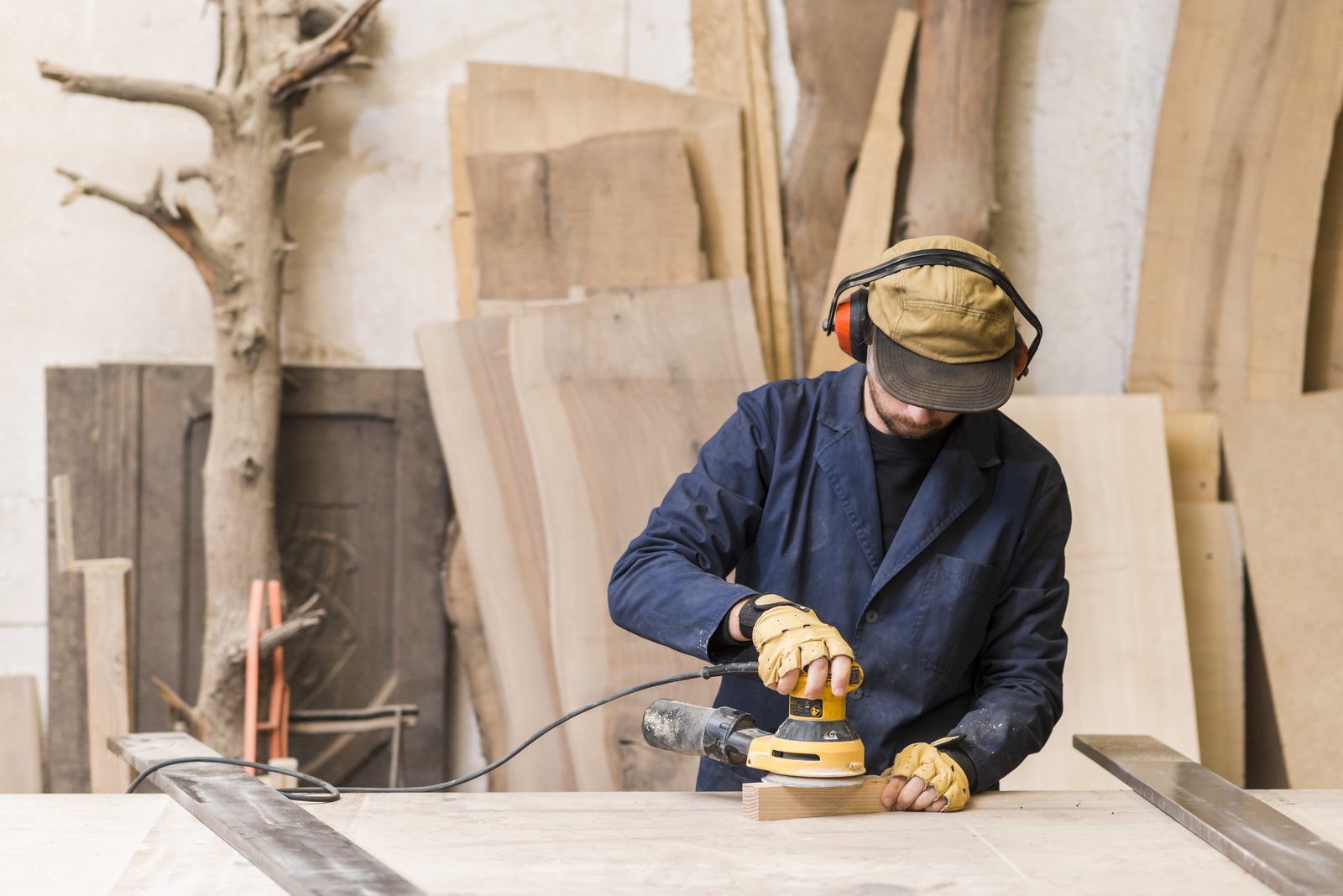 Carpenter in ear defenders sanding a length of timber with a random-orbit sander, cut boards stacked behind him