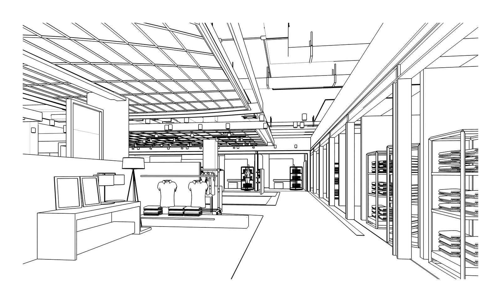 Wireframe line-drawing render of a retail store interior with shelving and fixtures