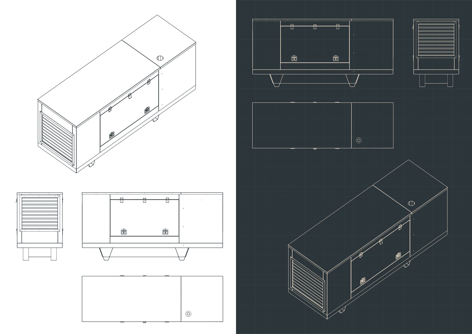 Orthographic and isometric CAD views of the same cabinet-style unit, drawn side by side