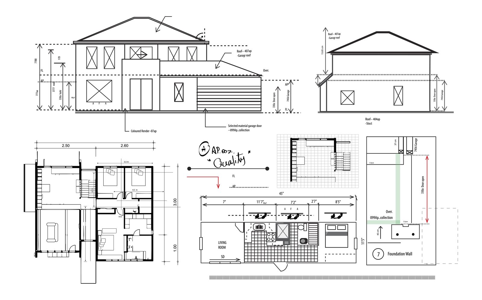 Illustrated house-planning drawing set: elevations, floor plans and a foundation-wall detail
