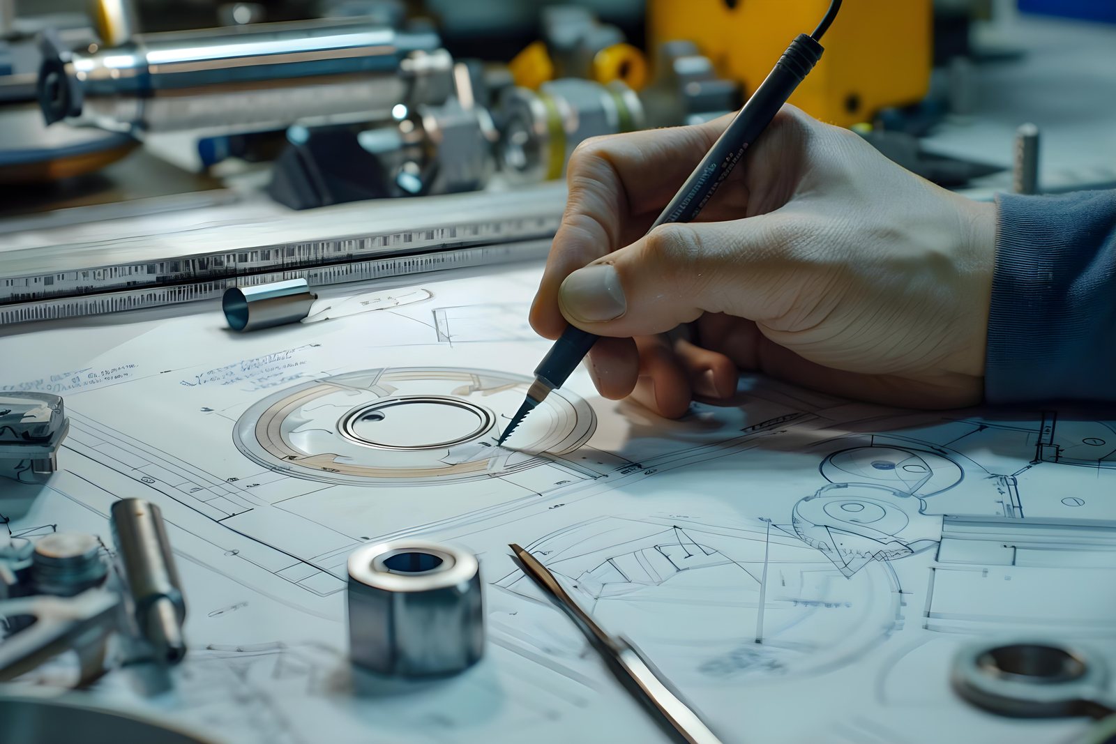 Hand sketching a mechanical part detail over a technical drawing, calipers and bearings on the desk