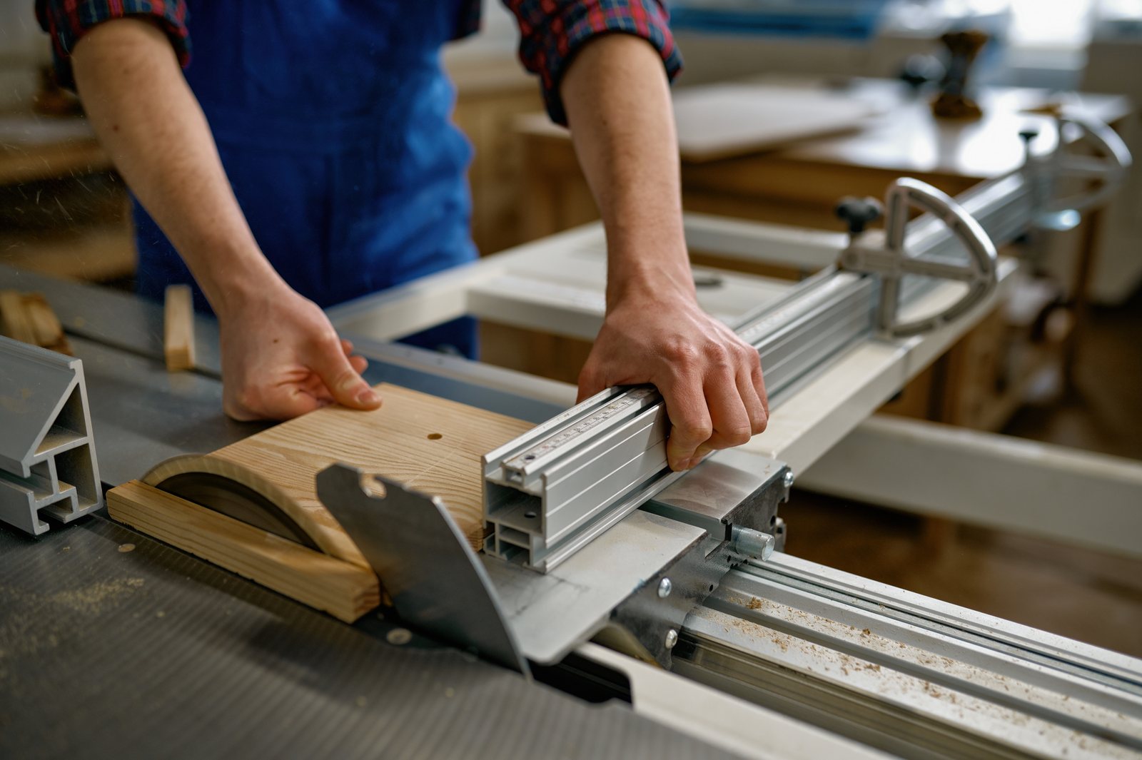 Close-up of a carpenter feeding a wood board through a circular saw workbench